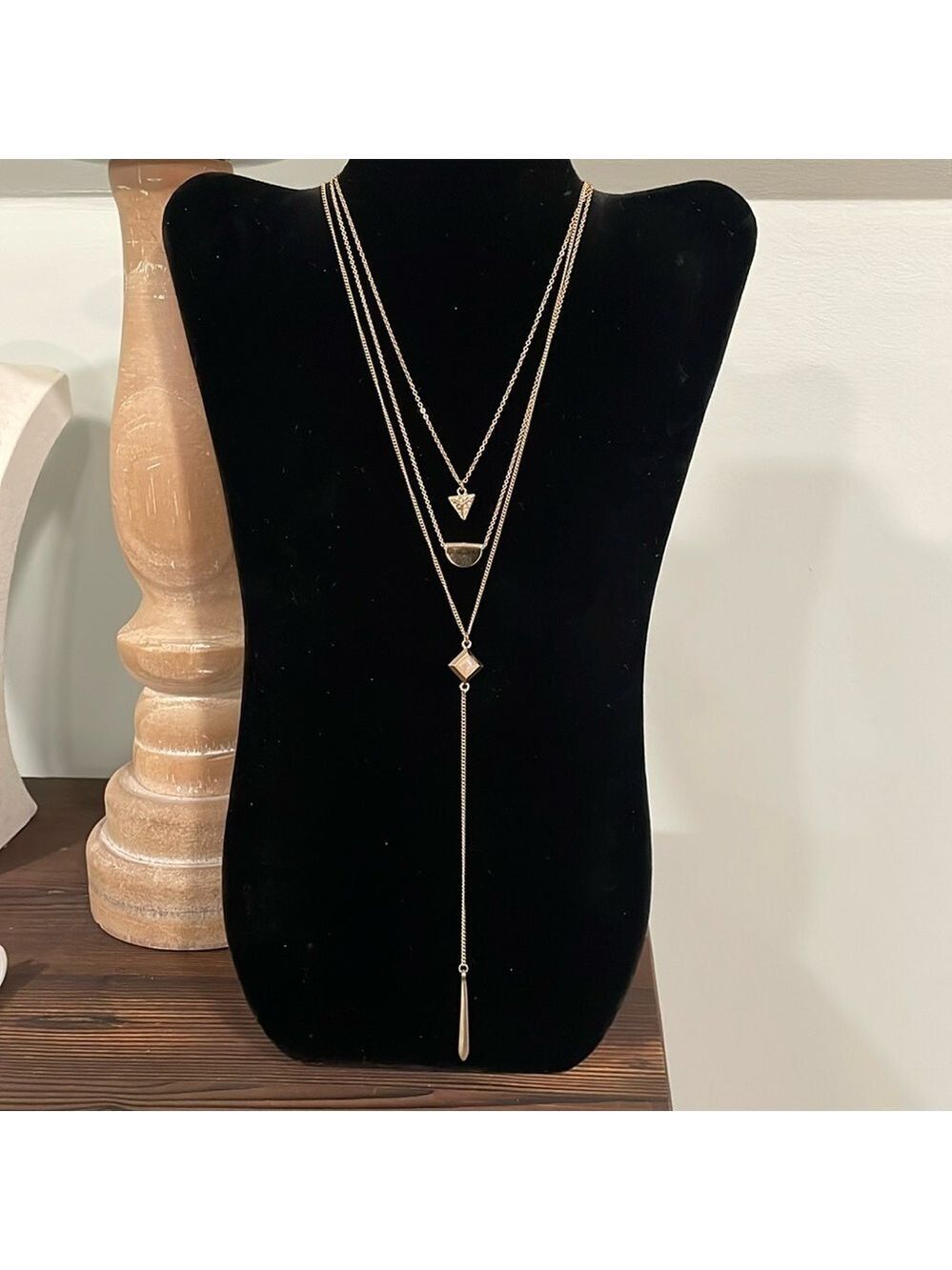 Gold tone triple strand rhinestone stone accent lariat necklace